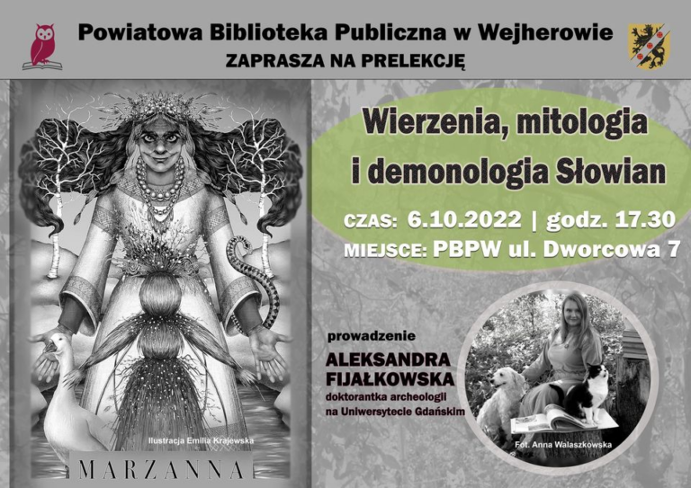 Plakat prelekcji „Wierzenia, mitologia i demonologia Słowian” w bibliotece w Wejherowie