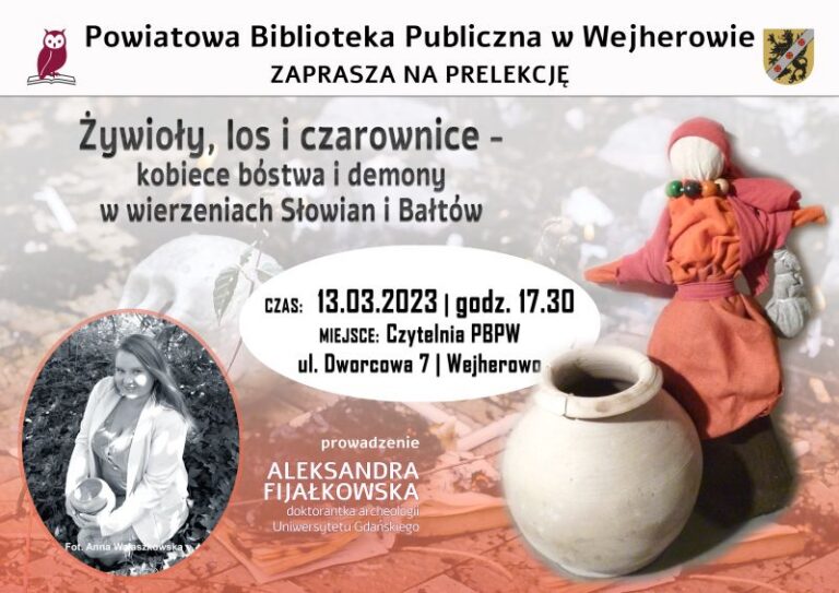 Plakat prelekcji „Żywioły, los i czarownice” o kobiecych bóstwach i demonach Słowian i Bałtów
