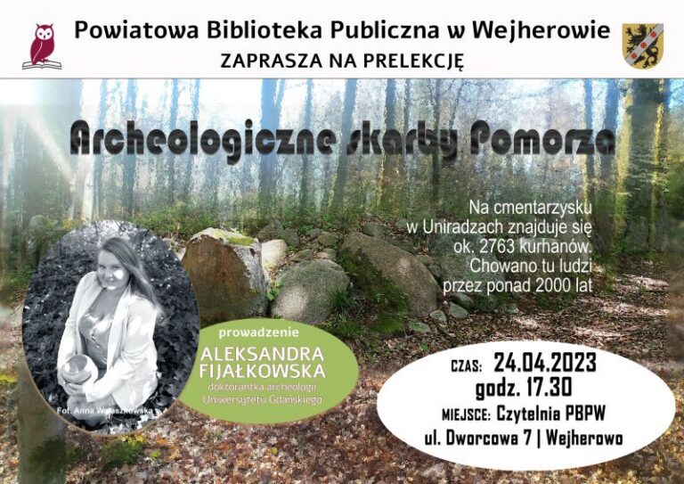 Plakat prelekcji „Archeologiczne skarby Pomorza” w bibliotece w Wejherowie