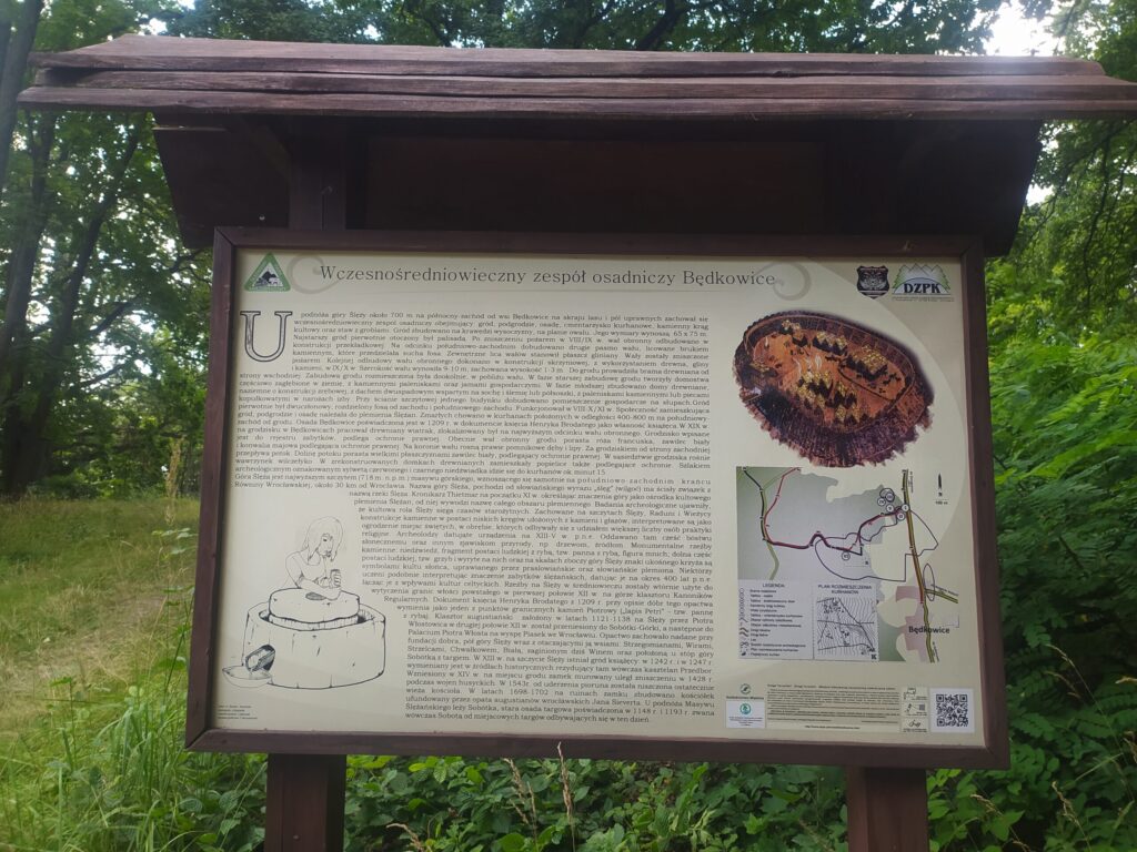 Tablica informacyjna z mapą stanowiska archeologicznego w okolicach Ślęży