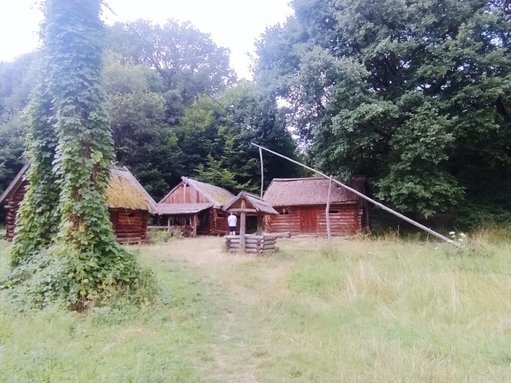 Drewniana zabudowa i polana w okolicach Ślęży