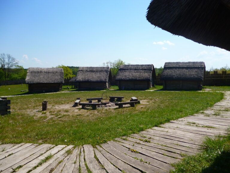Zrekonstruowane chaty i palenisko w Grodzisku Owidz